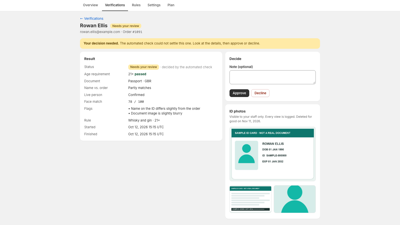 A verification awaiting review with Approve and Decline
